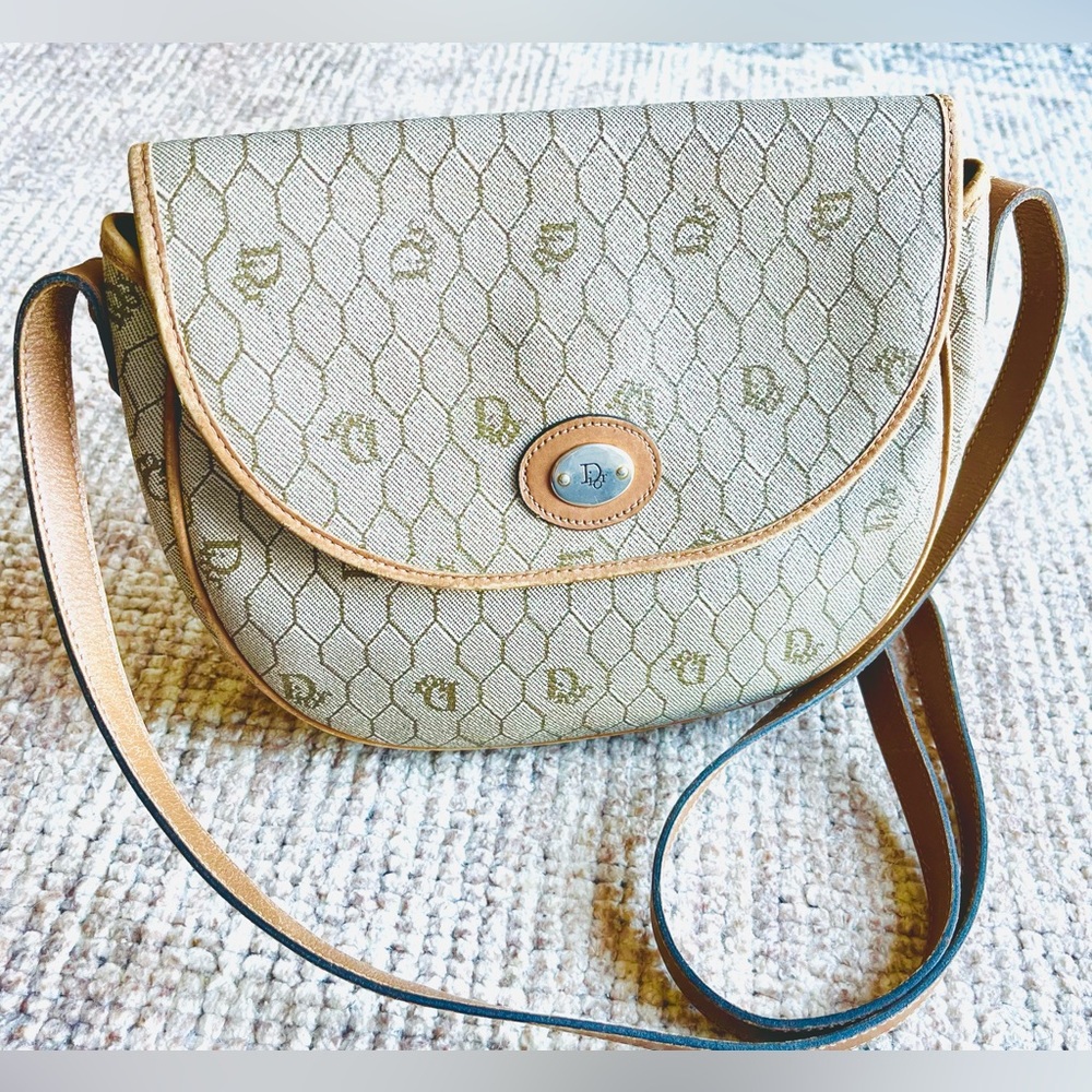 Vintage Dior Beige Monogram Crossbody Bag with Tan Leather Trim
